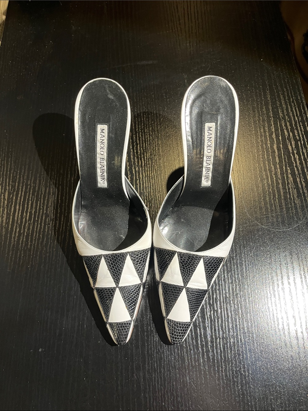 Manolo Blahnik Black and White Geometric Pointed Toe Mules